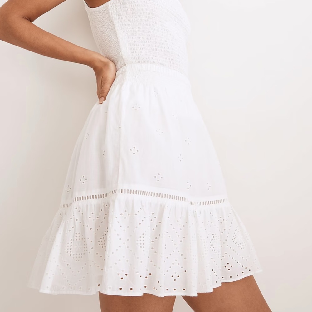 Embroidered Smock-Waist Ruffle Mini Skirt